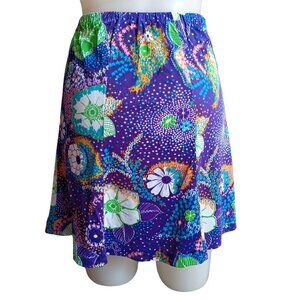 1OF1 Small True Vintage Mod Hippy Skirt Floral Elastic Waist Purple Green 1970's